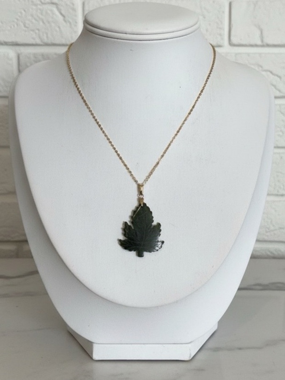 Carved Jade Leaf Pendant Necklace - Picture 1 of 2